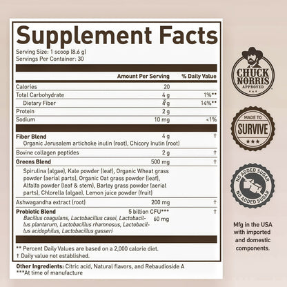 ROUNDHOUSE PROVISION Morning Kick, Zero Sugar Greens Superfood Powder Supplement with Ashwagandha, Collagen, Probiotics, Debloat Drink,  (Strawberry Lemonade) by Chuck Norris